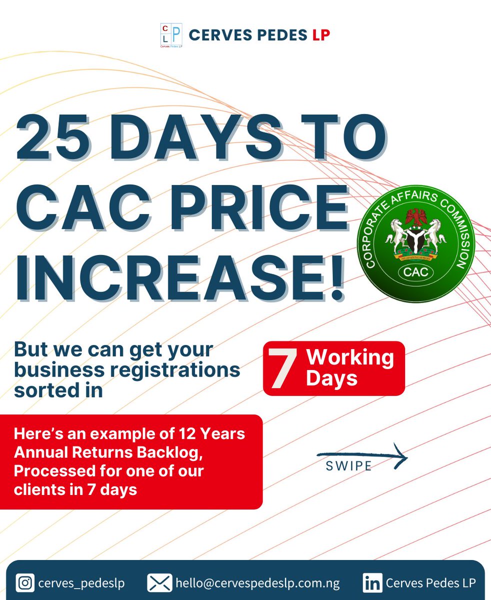 CervesPedesLP's tweet photo. 🚨 25 Days left from CAC's price increase and we're working wonders before then.

Here’s from one of our clients. 12 YEARS of annual returns filed &amp; delivered in just 7 days! That’s the speed &amp; peace of mind we bring.

Got outstanding filings? Let’s fix it before the price hike! https://t.co/6UIk8PNpz9