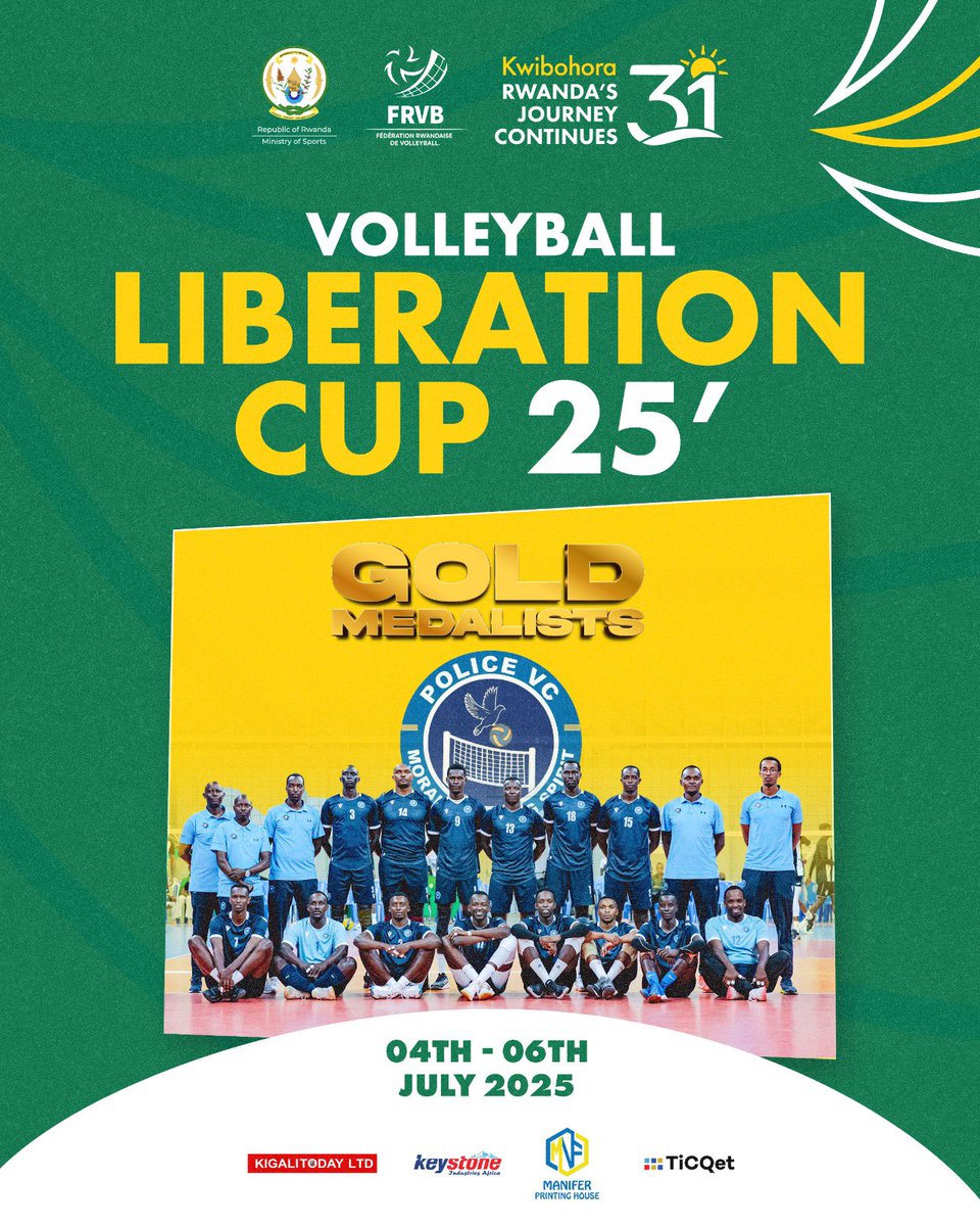 Rw_Volleyball's tweet photo. #LiberationCup25

Our New Gold Medalists.

Congratulations to POLICE VC

#RwandaVolleyball  #Kwibohora31 https://t.co/noVFirCpoD