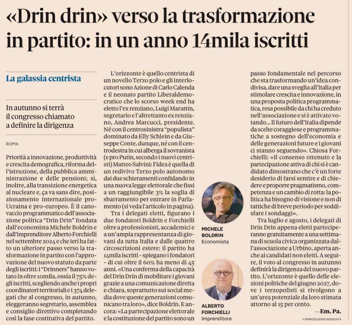 Forchielli's tweet photo. È ufficiale: “@MovDrinDrin ” diventa partito!
In meno di un anno abbiamo raccolto 14.000 iscrizioni, e ora parte la fase decisiva: trasformare un’idea in una forza politica concreta, coraggiosa, e soprattutto centrata sul merito e sul futuro dell’Italia.

📌 Congresso in autunno, obiettivo 2027: noi ci siamo. Un partito vero, fatto di persone che vogliono cambiare le cose sul serio, senza ideologie, ma con competenza e visione. Parliamo di innovazione, crescita, merito, Europa. Ma soprattutto di futuro.
Chi crede che serva un vero cambio di rotta è il benvenuto.

👉 Leggi l’articolo pubblicato su @sole24ore che racconta il nostro percorso fin qui.
Il bello comincia adesso. 

#DrinDrin #NuovoPartito #FuturoItalia #Forchielli #Boldrin @micheleboldrin