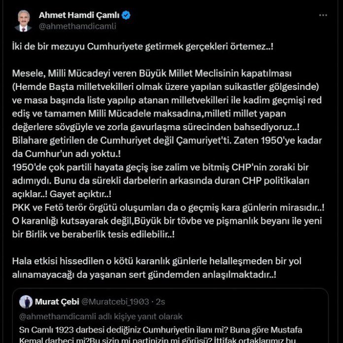 izzetcapa's tweet photo. Çapsız herif…
AKP’li Ahmet Hamdi Çamlı’nın paylaşımları:

"Aziz millet ve büyük devlet, kanlı 1923 darbesiyle hesaplaşmadan ve helalleşmeden yeni, terörsüz ve büyük devlet yolunda ilerleyemez!"

"Getirilen de Cumhuriyet değil Çamuriyet'ti." https://t.co/qdn0pkzr8R