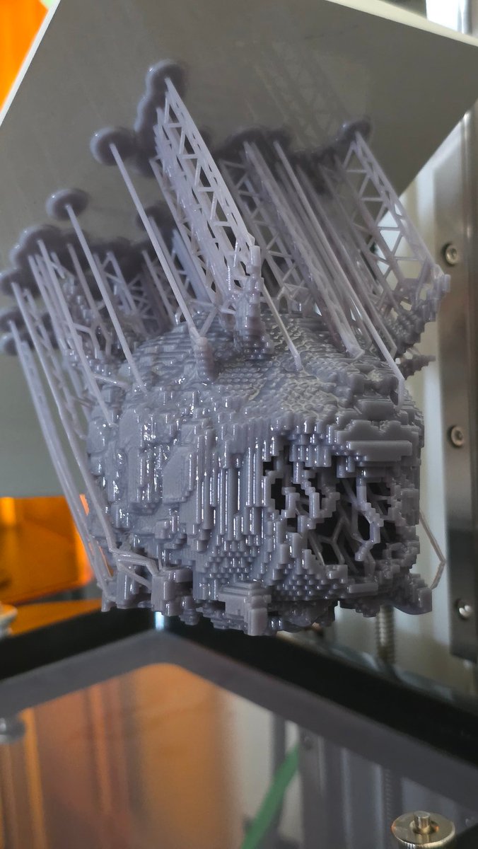 GameQraft's tweet image. Voxel Caco! ported from #voxeldoom by @DanielWienerson. I think it turned out great. Resin prints voxels at 45° surprisingly well. Had to thicken the model frame to connect some floating voxels, and some detached during cleaning but i held on to them to fix later during paint. 😈