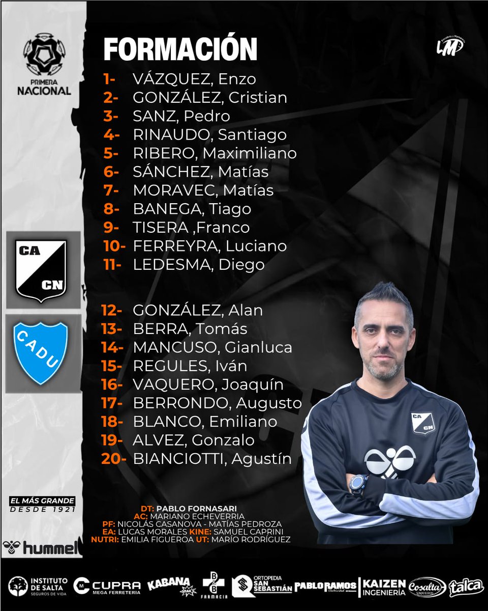 #PrimeraNacional |🏆 Este es el 11 titular de #CentralNorte para enfrentar a #CADU, a las 17, en el estadio Martearena.

#SomosNacional🐦‍⬛
#VamosCentral⚫⚪⚫️