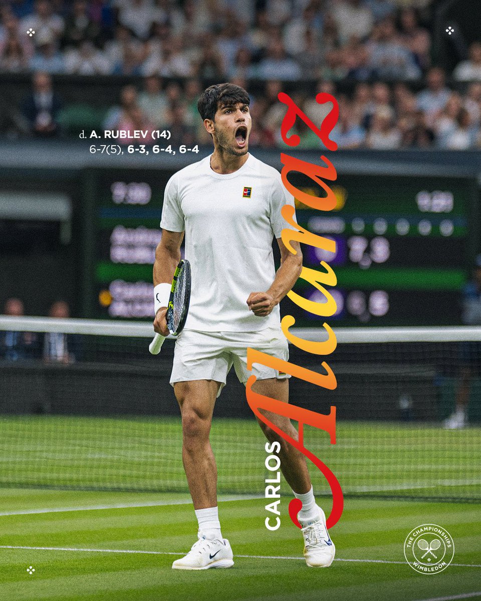 Son 2 yılın şampiyonu Carlos Alcaraz, yoluna dolu dizgin devam ediyor 💥 

Andrey Rublev karşısında 1 set geriden gelerek 6-7(5) 6-3 6-4 6-4 ile kazanan Alcaraz’ın çeyrek finaldeki rakibi, ev sahibi raket Cam Norrie olacak. #Wimbledon