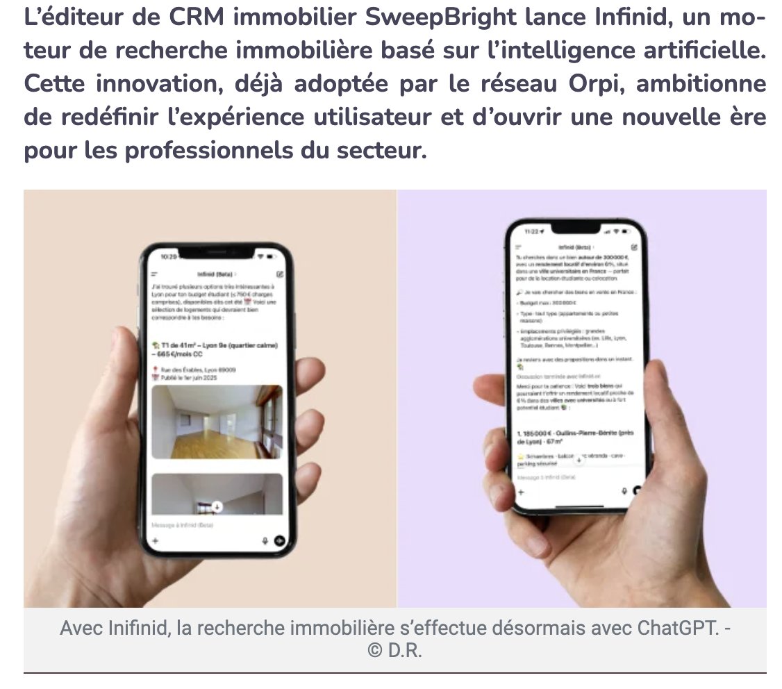 IMMOMATIN's tweet image. 🔥 #IMMOBILIER | @SweepBright lance Infinid, un moteur de recherche immobilière basé sur l’IA. Cette innovation, déjà adoptée par Orpi ➡️ buff.ly/apHtrfP
#proptech #marcheimmobilier #IA #intelligenceartificielle