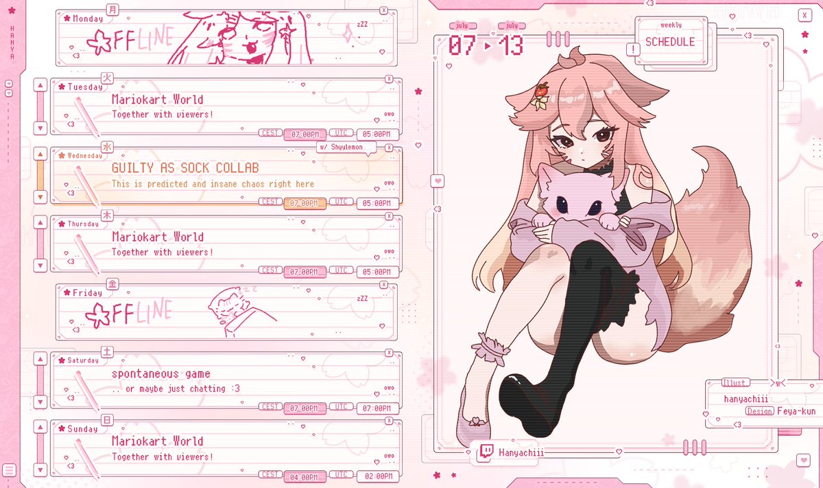 ₊⊹ july 07- 13 schedule ⊹₊
──★ ˙🍓 ̟ !!

HALLOOOOO here is this weeks schedulllleeee HEHEHE

ʚɞ twitch.tv/hanyachiii
ʚɞ hanyachiii.carrd.co