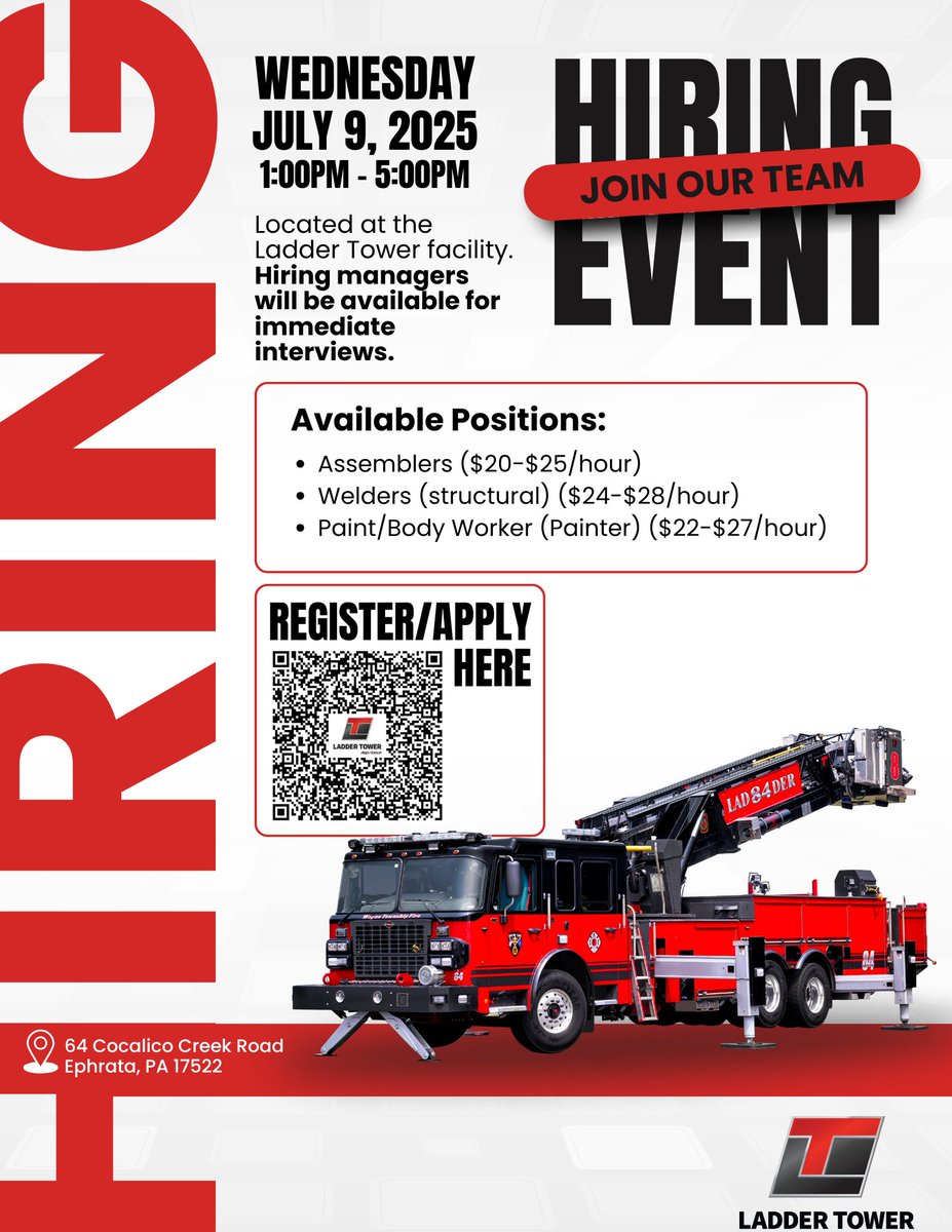 Not looking forward to work on Monday? Join us at our Ladder Tower hiring event set for 1-5 pm July 9 in Ephrata! We will have hiring managers doing interviews! Join our team in making the best fire trucks! #LadderTower #firetruck #jobs #manufacturing #ephratapa