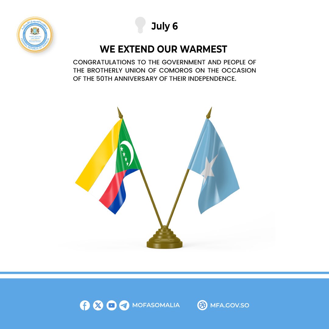 We extend our warmest congratulations to the Government and people of the brotherly Union of #Comoros on the occasion of the 50th anniversary of their independence.
🔗➡ t.me/MofaSomalia/54…
#Somalia #IndependenceDay