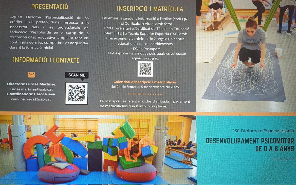 Inscripcions obertes per la 23° edició del Diploma d'Especialització en Educació Psicomotriu de 0 a 8 anys a càrrec d'<a href="/EducacioUAB/">Facultat de Ciències de l'Educació UAB</a>

Tot començarà aquest setembre del 2025, ¡t'esperem!

Per qualsevol informació
 ⬇️ 📩 ⬇️
Carolina.nieva@uab.cat