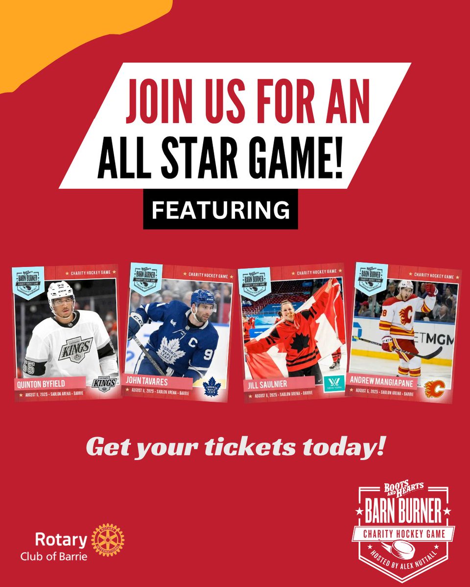 🏒 This isn’t just any game; it’s an All-Star showdown!

See elite talent headline the Boots &amp; Hearts Barn Burner Charity Hockey Game!

August 6 at 6:00 PM

Sadlon Arena, Barrie

barrierotary.com/barn-burner.?utm_source=twitter&amp;utm_medium=social&amp;utm_content=ap_wiveuzjtmd