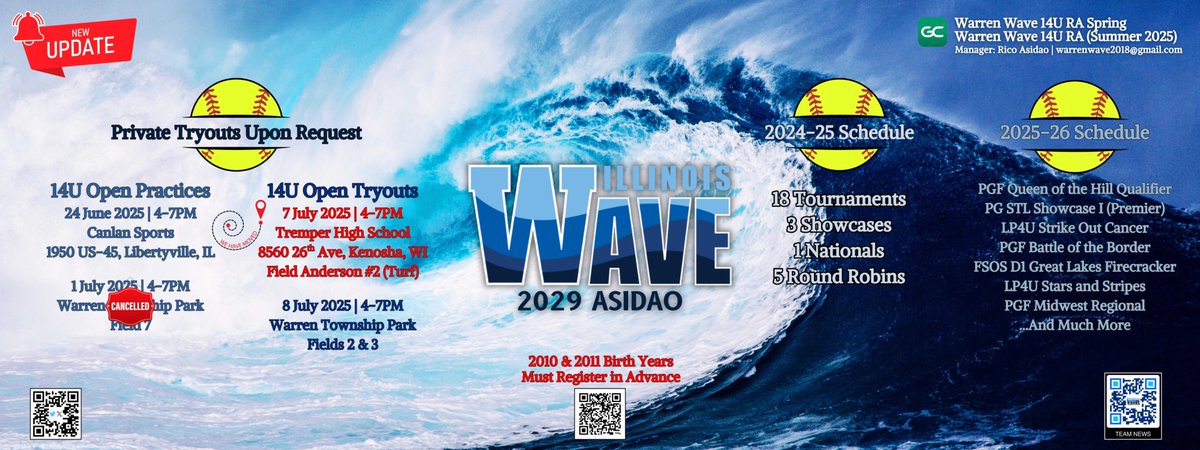 Warren Wave 14X (@warrenwave14x) on Twitter photo 🥎🚨 PROGRAM UPDATE - MARK YOUR CALENDARS. 🚨🥎
7 & 8 July 2025 Open Tryouts Announcement.
"If you don't go, you'll never know."
<a href="/WTGS_WarrenWave/">Illinois Wave Softball</a> 🥎🚨 PROGRAM UPDATE - MARK YOUR CALENDARS. 🚨🥎
7 & 8 July 2025 Open Tryouts Announcement.
"If you don't go, you'll never know."
<a href="/WTGS_WarrenWave/">Illinois Wave Softball</a>
