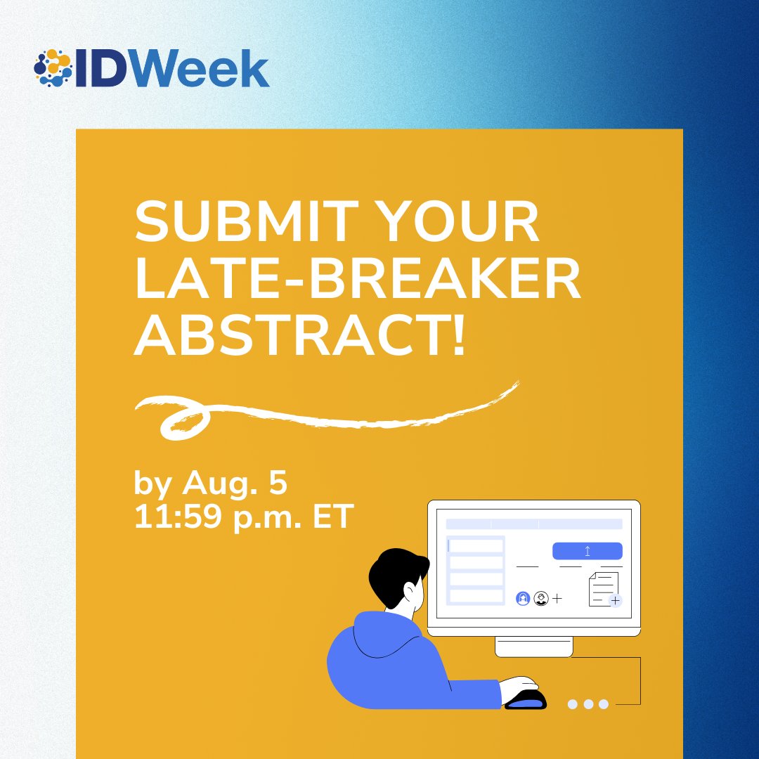IDWeekmtg's tweet image. Submit your late-breaker abstract for #IDWeek2025! Late-breaker abstracts are highly competitive, and only abstracts containing novel, cutting-edge information will be considered.
Deadline: Wed. Aug. 5 at 11:59pm ET.
Submit: abstractscorecard.com/cfp/submit/log…