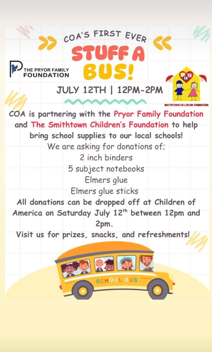 SCF happenings!
🤣Smithtown comedians for SCF at Bull Smiths Tavern 
🎂Smi1es4s3an chapter birthday celebration
💸Anthony's Hope Chapter of Smithtown Children's Foundation tag sale
🎒Children of America school supply drive