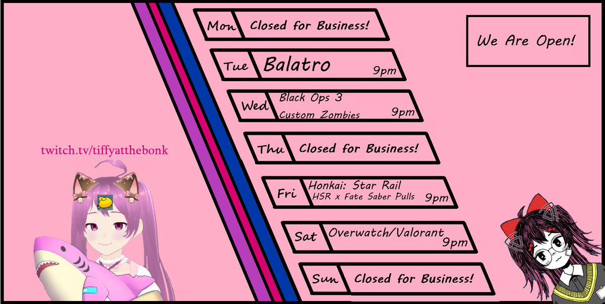 Tiffyatthebonk's tweet image. The Bonk is Back~!

Schedule is up for the week, games are gonna be played :3

#SGVT #VTubers #SmallStreamerCommunity