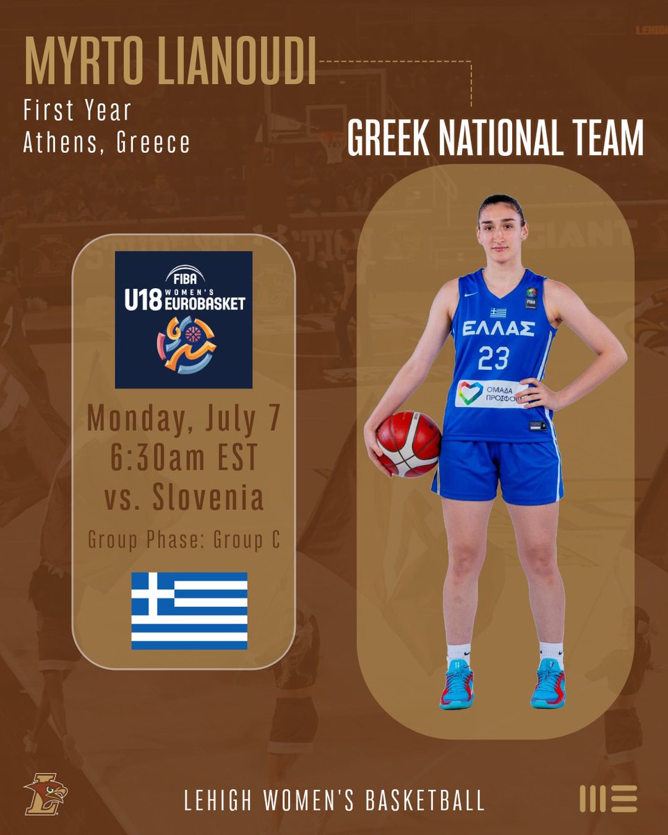 LehighWBB's tweet image. Good luck to Myrto and her Greek National Team tomorrow as they face Slovenia in the Group Phase!
🔗: tinyurl.com/myrtofiba