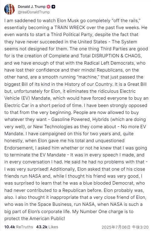 Beautiful_Arita's tweet photo. 【トランプ：イーロンについて】

イーロン・マスクがここ五週間ほどのあいだに、まるで制御を失った列車のごとく暴走し、完全な惨事と化している様子を目の当たりにし、深い憂慮を覚える。

彼は、アメリカにおいてこれまで一度として成功を収めたことのない「第三政党」を新たに立ち上げようとしている。合衆国の政治制度は、そもそもそのような勢力を受け入れるよう設計されてはいないのだ。

第三政党が得意とするのは、徹底した混乱と秩序破壊をもたらすことのみであるが、それならば、すでに急進左派民主党によって十分すぎるほど混迷はもたらされている。彼らは自信も理性も喪失している。

一方、共和党はといえば、極めて機能的な組織であり、つい先日、我が国の歴史において最大規模の法案を可決したばかりである。素晴らしき法案であるが、イーロンにとって不都合なことに、その内容には、電気自動車（EV）の強制的な導入義務を撤廃する条項が含まれている。

この義務は、国民すべてに短期間でEVを購入させるという非現実的な押しつけであった。私はこの政策に当初より強く反対してきた。これからは、国民はガソリン車、好調な売れ行きを見せているハイブリッド車、あるいは新たに登場する技術を自由に選ぶことができる。EVの義務化は、もはや過去のものとなった。

私はこの撤廃を二年にわたり訴えてきた。正直に言えば、イーロンが私に対して全面的かつ無条件の支持を表明した際、私は彼に、このEV義務を撤廃する旨を彼が理解していたかどうかを確認した。なにしろ、それは私の演説すべて、そして会話のすべてに盛り込んでいた主張であったのだから。彼は「まったく問題ない」と答えた。私は非常に驚いた。

さらに付け加えると、イーロンは自身の親しい友人をNASA長官に任命してほしいと求めてきた。その人物は確かに有能ではあったが、私が驚いたのは、彼が生粋の民主党員であり、これまで一度たりとも共和党に献金したことがなかったという事実である。おそらく、イーロン自身もそうであろう。

また、イーロンのように宇宙事業に深く関わる人物の親友が、国の宇宙開発を担うNASAの長官となるのは、利益相反の観点から見て不適切であると私は考える。

我が最重要の責務は、アメリカ国民の利益を守ることである。https://t.co/NeqkDB7SRq