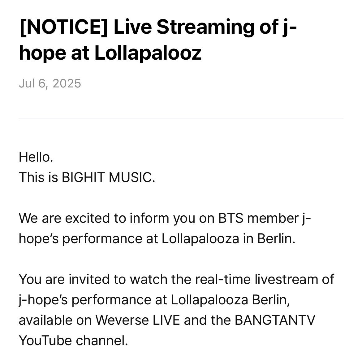 "Los invitamos a ver la transmisión en vivo de la actuación de j-hope en Lollapalooza Berlín, disponible en Weverse LIVE y el canal de YouTube de BANGTANTV." 

SE VIENE TRANSMISIÓN DE HOBIPALOOZA EN VIVO😭🔥

J-HOPE IS COMING 
HOBIPALOOZA BERLIN IN 7 DAYS
#jhopeAtLollapalooza