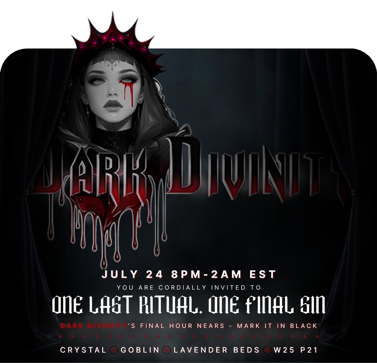 4/7/22 The door of Dark Divinity opened with rage and fury. Bringing our style of metal to Eorzea! We have have come to the end of this road with rage left to burn! One final epic party! 7/24/2025