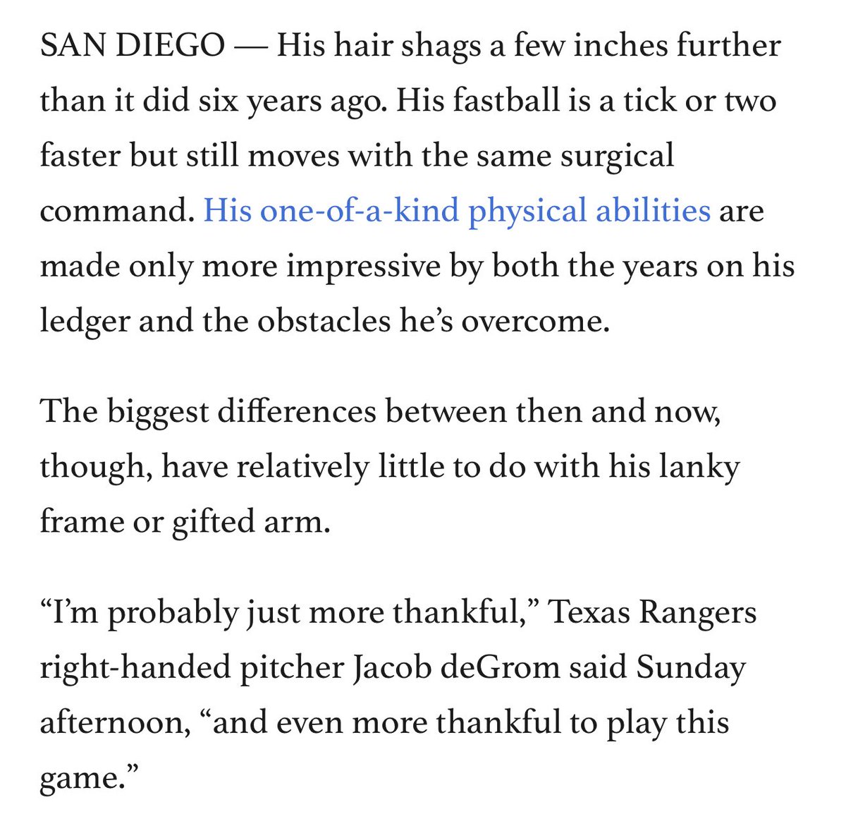 Jacob deGrom’s return to the All-Star game is a story of generational talent and perseverance. 

It’s also one of gratitude. 

On a “thankful” ace. 
dallasnews.com/sports/rangers…