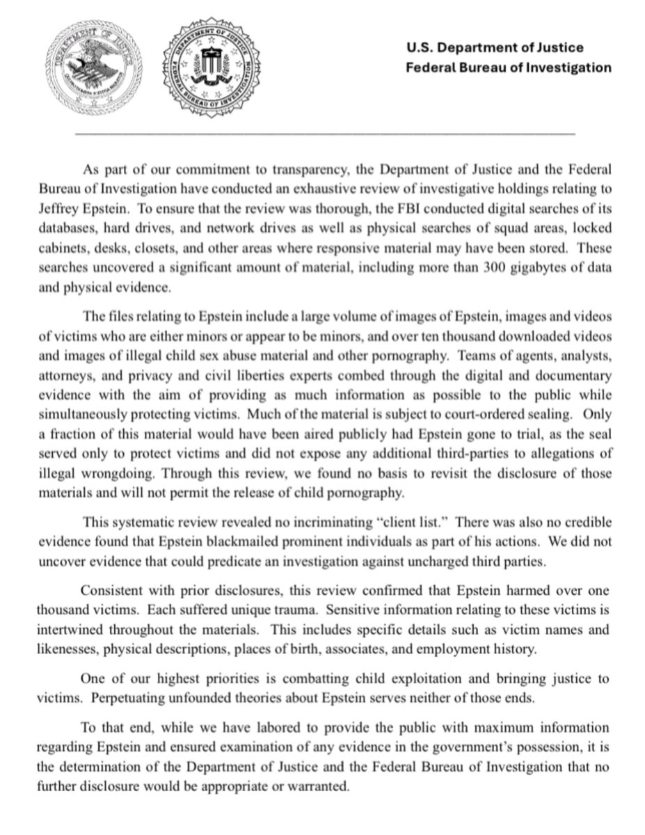 OcrazioCornPop's tweet photo. 🚨BREAKING: DOJ and FBI says there is NO EVIDENCE that Jeffrey Epstein blackmailed anyone, or had a “client list” - per MEMO

DO YOU BELIEVE THEM?