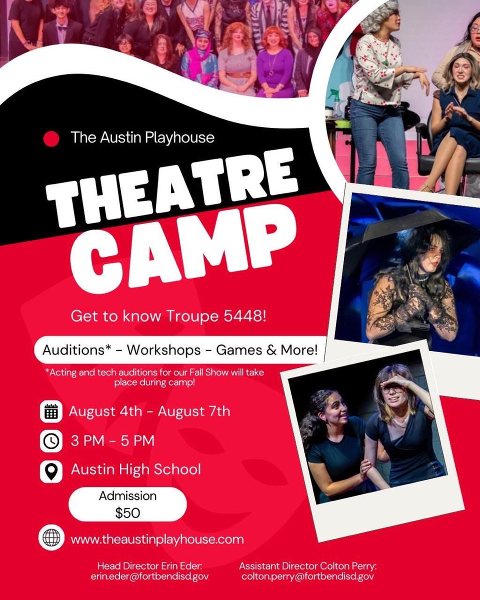Sign Up for our summer camp which will include auditions and tech interviews for our first show of the new season “CLUE”.

cognitoforms.com/AustinPlayhous… TAP SUMMER CAMP

theaustinplayhouse.com