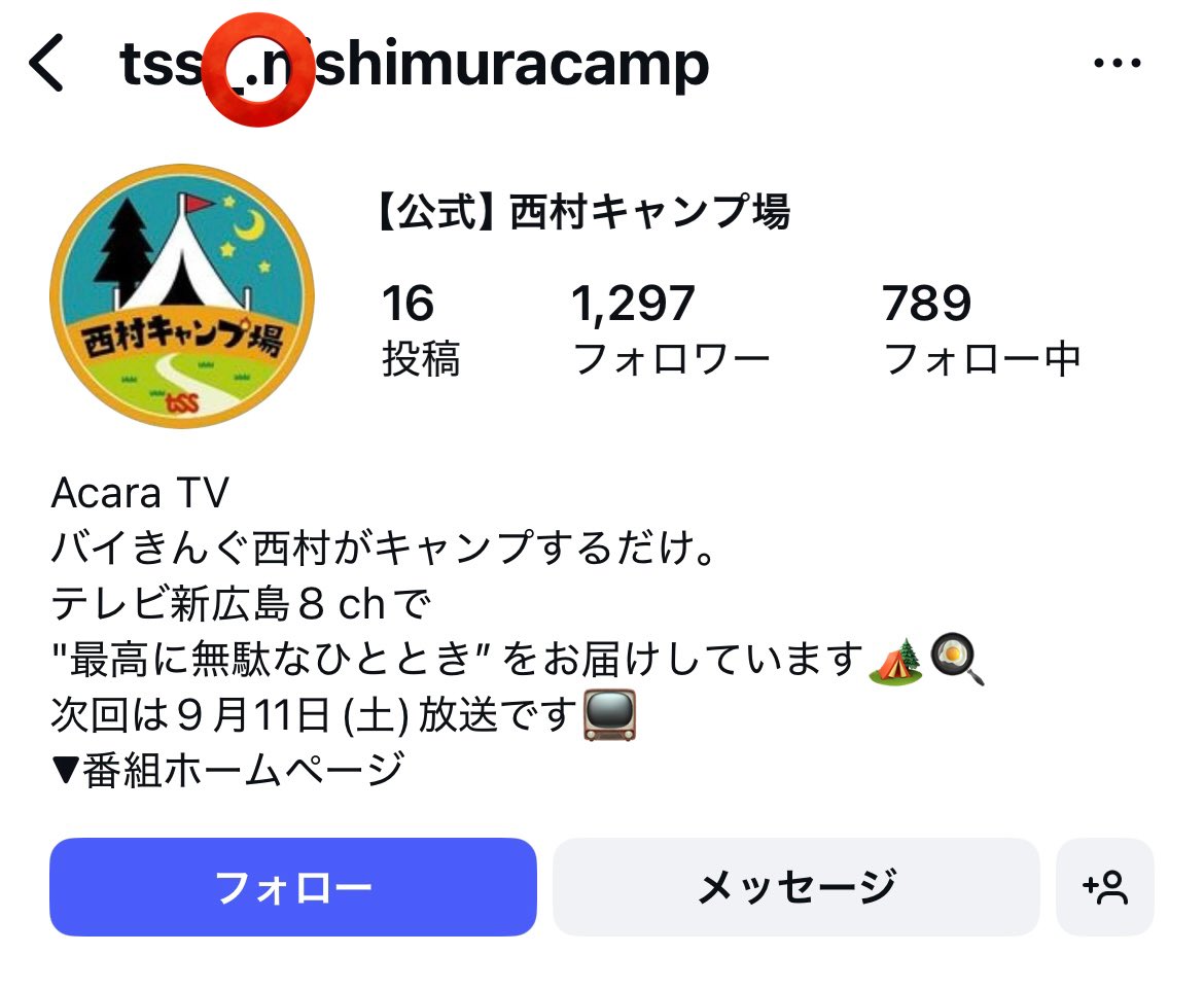 tss_nishimura's tweet image. Instagramのほうで
『#西村キャンプ場』公式を装った
偽アカウントが発生しております。
(偽IDにはドットが付いています)
フォローバックされますと
投資のLINEなどに招待されるようです。
本番組とはまったく関係のない
アカウントですので、
ご注意ください⚠️