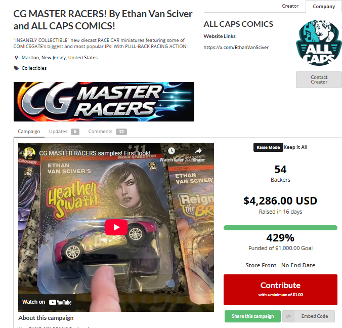 Campaign update for Ethan Van Sciver's "CG Master Racers" on Fund My Comic.

In the past 24-hours the campaign has gained zero (0) backers. 

Indie Comic readers do not appear to be enthusiastic to collect Comicsgate themed toy cars.

It will be interesting to see if this lack of