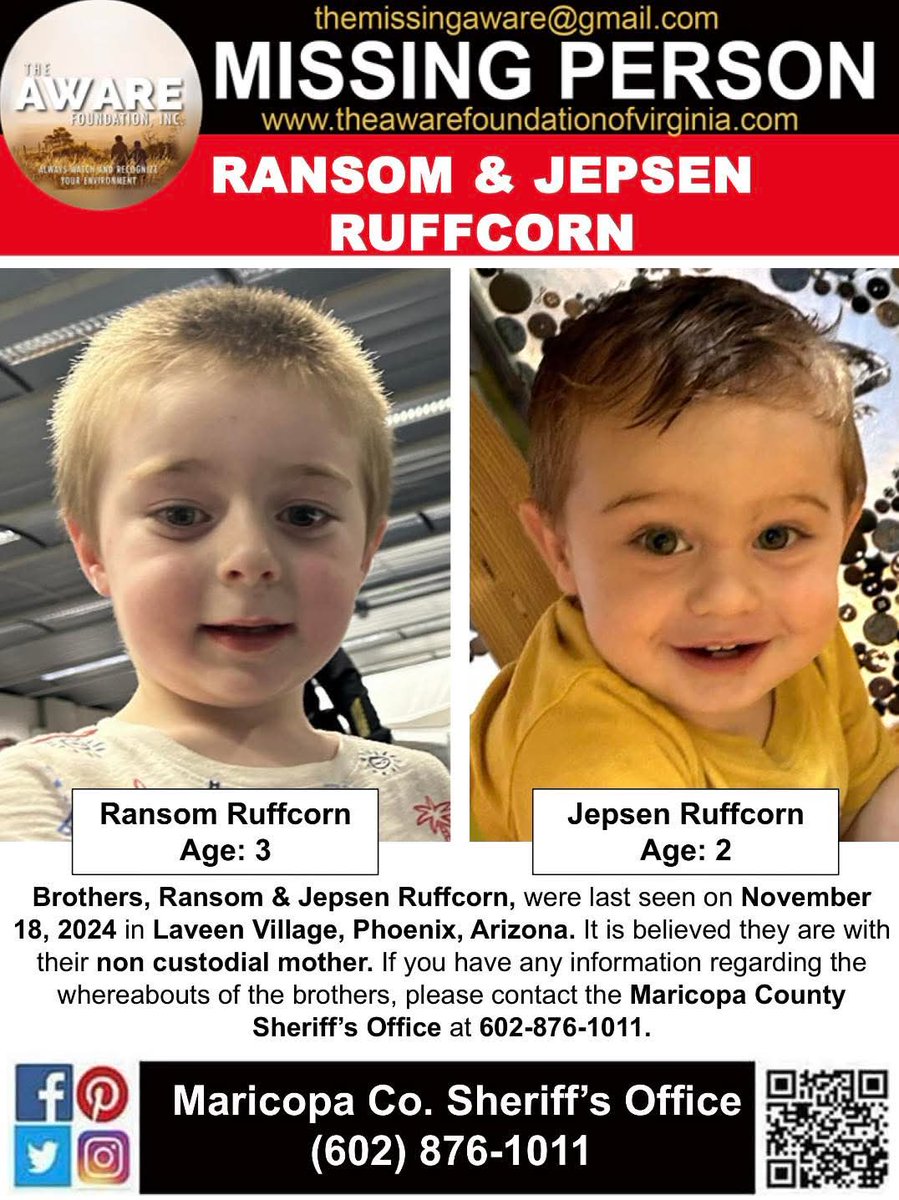 ***MISSING SIBLINGS***
Brothers, Ransom &amp; Jepsen Ruffcorn, were last seen on November 18, 2024 in Laveen Village, Phoenix, Arizona. It is believed they are with their non custodial mother. If you have any information regarding the whereabouts of the brothers, please contact the
