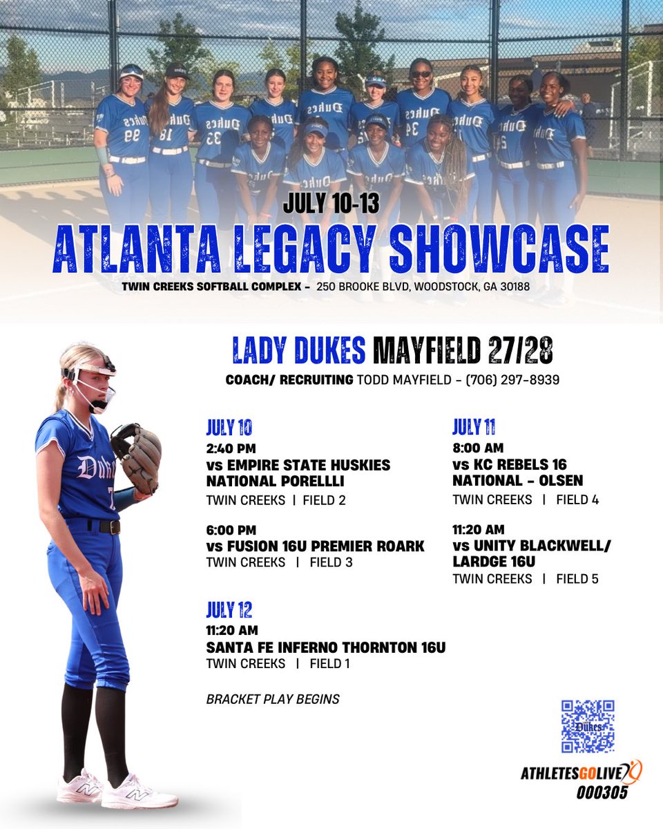 Lady Dukes Mayfield (@dukes16unat) on Twitter photo We are back at it again this week for Atlanta Legacy Invitational and Atlanta Legacy Showcase!
27/28 begins Thursday at Twin Creeks in Woodstock, GA
26/27 begins Friday at Lost Mountain Park in Powder Springs, GA
Games streamed live on <a href="/AGLSoftball/">AthletesGoLive Softball</a>! #bluemagic #goblue We are back at it again this week for Atlanta Legacy Invitational and Atlanta Legacy Showcase!
27/28 begins Thursday at Twin Creeks in Woodstock, GA
26/27 begins Friday at Lost Mountain Park in Powder Springs, GA
Games streamed live on <a href="/AGLSoftball/">AthletesGoLive Softball</a>! #bluemagic #goblue