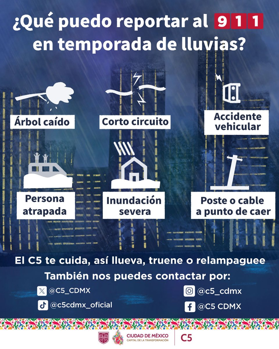 😱⛈️⚡ ¡CUIDADO CON LAS LLUVIAS! 
¡No temas! Las unidades de apoyo trabajan para ti las 24/7.
Conoce los tipos de emergencia que puedes reportar durante esta temporada de lluvias. ⚠️💥🌧️

Desde el #C5CDMX movilizamos los servicios necesarios 🚑🚒🚓 para tu tranquilidad. 

Puedes