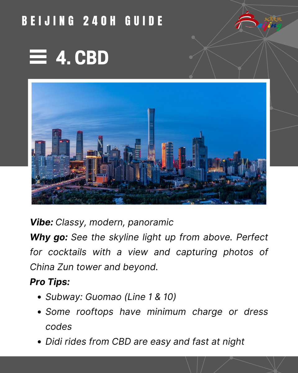 China’s 240-hour visa-free transit lets eligible travelers enjoy Beijing after dark—from rooftop drinks and night markets to live music and opera. Subway runs until 11PM; after that, use Didi or taxis. Most bars accept Alipay/WeChat Pay. Keep your hotel address in Chinese.