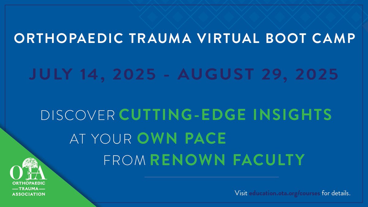 otatrauma's tweet image. Why should you attend the 2025 OTA Virtual Boot Camp?
Upon successful completion of the 2025 Virtual Orthopaedic Trauma Boot Camp, participants will be able to:
1. Review current indications for operative and non-operative treatment of fractures and dislocations.
2. Summarize…