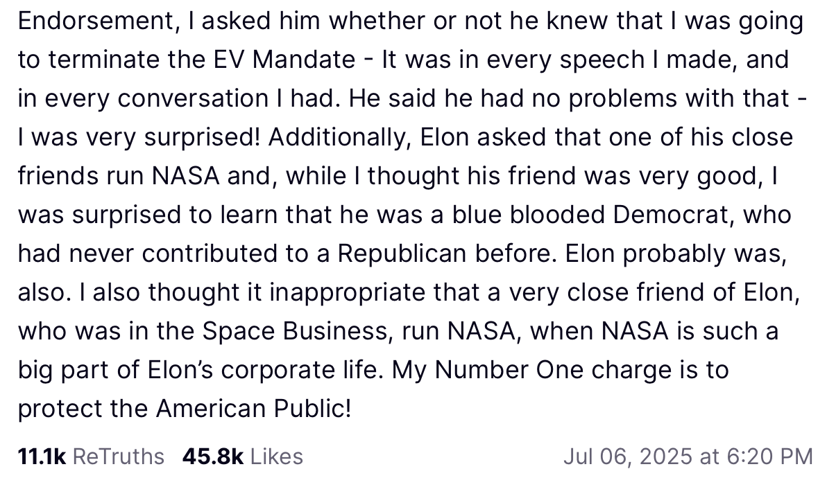 Trump on Musk. truthsocial.com/@realDonaldTru…