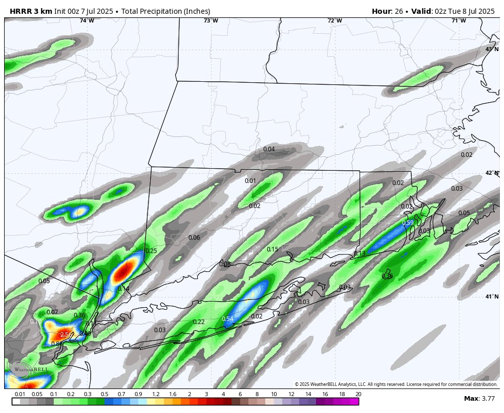 Danbury_WX's tweet image. There will be scattered showers and downpours around tomorrow morning through much of the day. These will be enhanced a bit from an uptick in moisture from Tropical Depression #Chantal. This can be seen on the bottom right with the red “moisture blob”. Timing 8AM to 4PM.