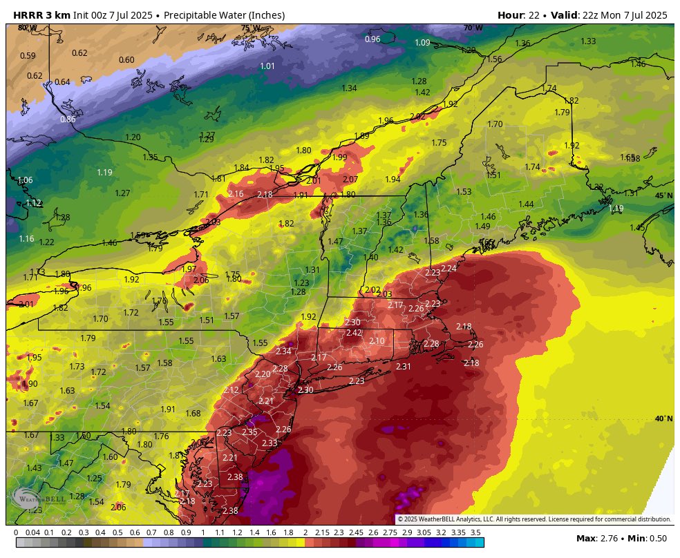 Danbury_WX's tweet image. There will be scattered showers and downpours around tomorrow morning through much of the day. These will be enhanced a bit from an uptick in moisture from Tropical Depression #Chantal. This can be seen on the bottom right with the red “moisture blob”. Timing 8AM to 4PM.
