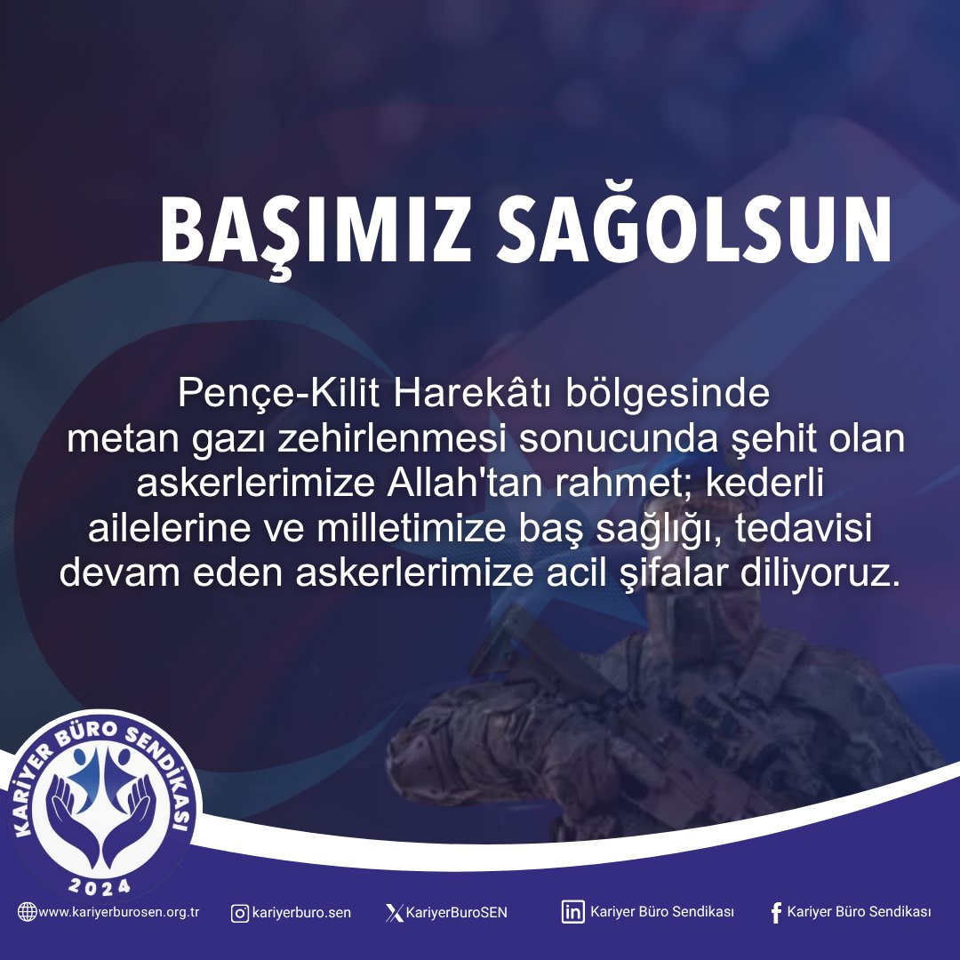 Pençe-Kilit Harekâtı bölgesinde metan gazı zehirlenmesi sonucunda şehit olan askerlerimize Allah'tan rahmet; kederli ailelerine ve milletimize baş sağlığı, tedavisi devam eden askerlerimize acil şifalar diliyoruz.