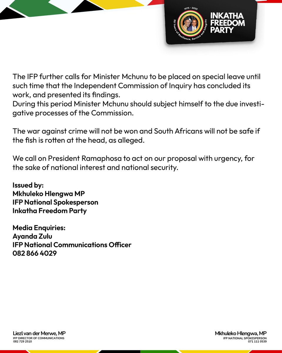 🐘🐘🐘🟥⬜️🟩🟨⬛️⬜️🟥  

IFP Statement on the allegations by Lieutenant – General Nhlanhla Mkhwanazi against Police Minister Senzo Mchunu

Jul 6, 2025 | Press Releases

ifp.org.za/newsroom/ifp-s…