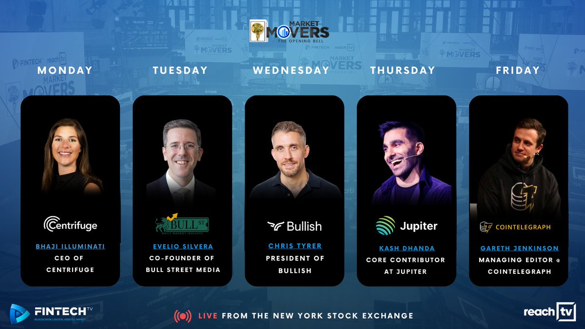 FINTECH.TV (@fintechtvglobal) on Twitter photo We have a big week ahead on Market Movers…
• Monday @ 9:50 AM: Bhaji Illuminati, CEO of Centrifuge (<a href="/itsbhaji/">Bhaji Illuminati</a> <a href="/centrifuge/">Centrifuge</a>)
• Tuesday @ 9:30 AM: Evelio Silvera, Co-Founder of Bull Street Media (<a href="/eveliosilvera/">Evelio Silvera</a>)
• Wednesday @ 9:20 AM: Chris Tyrer, President of Bullish We have a big week ahead on Market Movers…
• Monday @ 9:50 AM: Bhaji Illuminati, CEO of Centrifuge (<a href="/itsbhaji/">Bhaji Illuminati</a> <a href="/centrifuge/">Centrifuge</a>)
• Tuesday @ 9:30 AM: Evelio Silvera, Co-Founder of Bull Street Media (<a href="/eveliosilvera/">Evelio Silvera</a>)
• Wednesday @ 9:20 AM: Chris Tyrer, President of Bullish