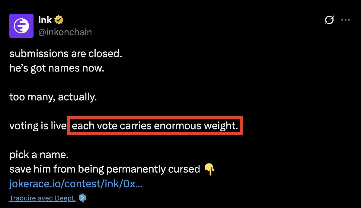Ink — Important Update ⚠️

As longer as we wait snapshot after the $INK token confirmation 

👉 We have another thing to do (16h remaining) 

We have to vote onchain (that’s important) so we print another tx on Ink. (Only 684 differents participants!)

🗳️ here: