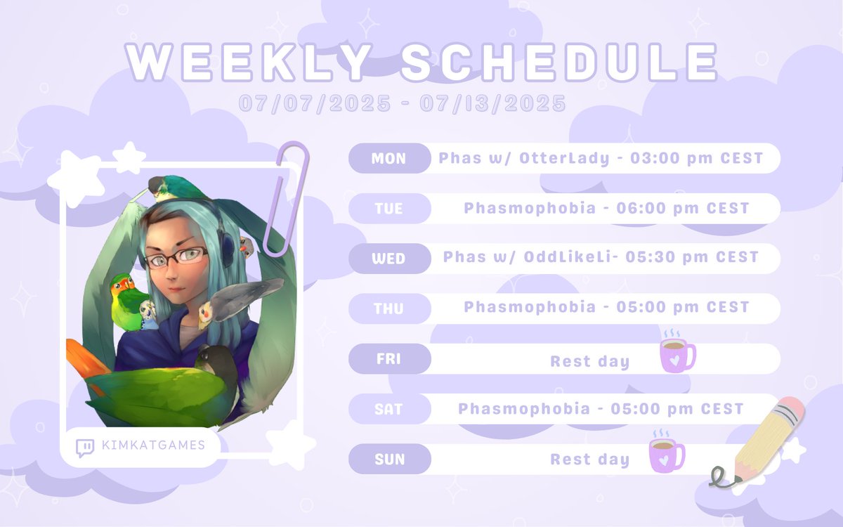 KimKatGames's tweet photo. Happy Sunday!☀️

Here's the new schedule for this week!

The entire week is still full of the Phasmophobia ID card Twitch Drops and two exciting co-streams with @OtterLady_ttv and @OddLikeLi. ♥️

Can't wait! 🎉 https://t.co/8ZVKvBbka5