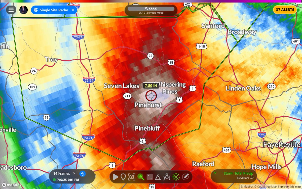 7-8" of rainfall around Pinehurst and Southern Pines estimated by radar, with significant flooding from #Chantal. #ncwx #wcnc