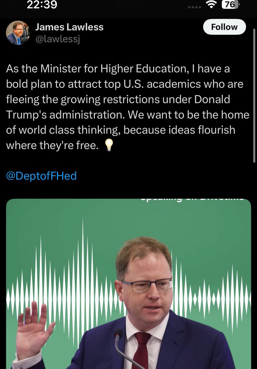 Hey <a href="/lawlessj/">James Lawless</a>, how about attracting academics like <a href="/byrne_a/">Alex Byrne</a> to Ireland, to demonstrate your commitment to free ideas?
Oh, but how would that fit with government’s &amp; <a href="/hea_irl/">HEA</a>’s endorsement of Athena SWAN, &amp; its demand that academics in Ireland promote gender ideology?
Freedom, eh?