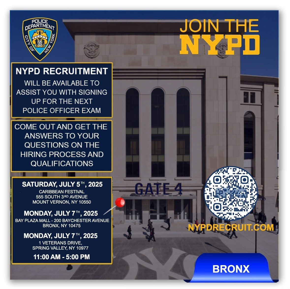 The Police Officer exam registration period is OPEN NOW!
Don't miss your opportunity to join NY's Finest.
For more information or to chat with a recruiter, please visit NYPDRECRUIT.COM, or call 212-RECRUIT.