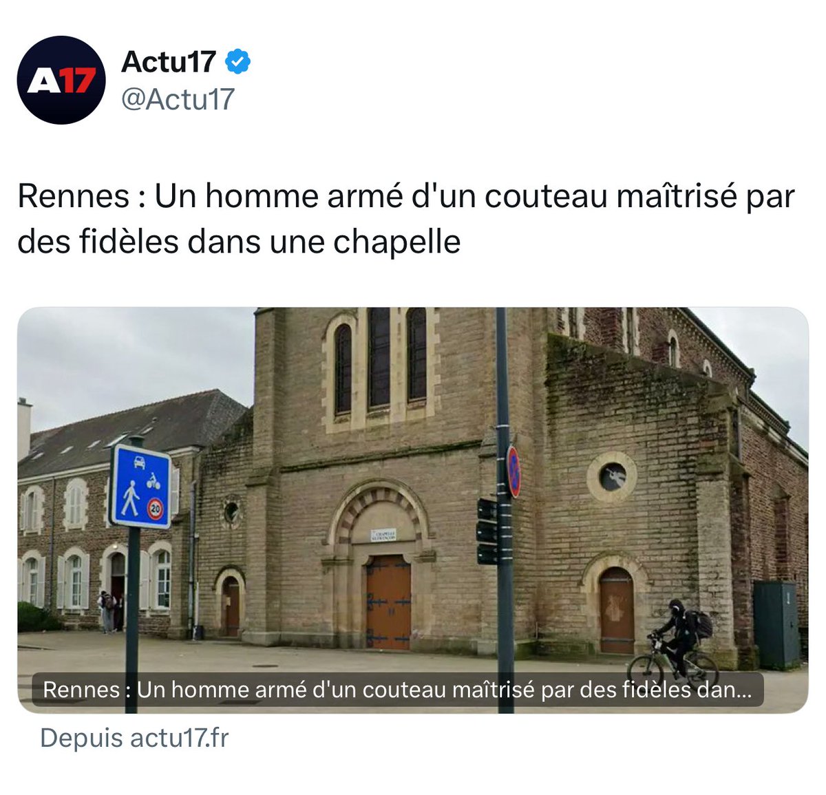 ALLIANCE PN (@alliancepolice) on Twitter photo 🔴 #Rennes | Un homme ivre, armé d’un couteau, a semé la panique dans la chapelle St-François.
➡️ Il a été maîtrisé par des fidèles avant l’intervention rapide de nos collègues <a href="/PoliceNat35/">Police nationale 35</a>.
👏 Soutien aux fidèles et bravo aux policiers.
<a href="/alliancepolice/">ALLIANCE PN</a> #Sécurité #IlleEtVilaine 🔴 #Rennes | Un homme ivre, armé d’un couteau, a semé la panique dans la chapelle St-François.
➡️ Il a été maîtrisé par des fidèles avant l’intervention rapide de nos collègues <a href="/PoliceNat35/">Police nationale 35</a>.
👏 Soutien aux fidèles et bravo aux policiers.
<a href="/alliancepolice/">ALLIANCE PN</a> #Sécurité #IlleEtVilaine