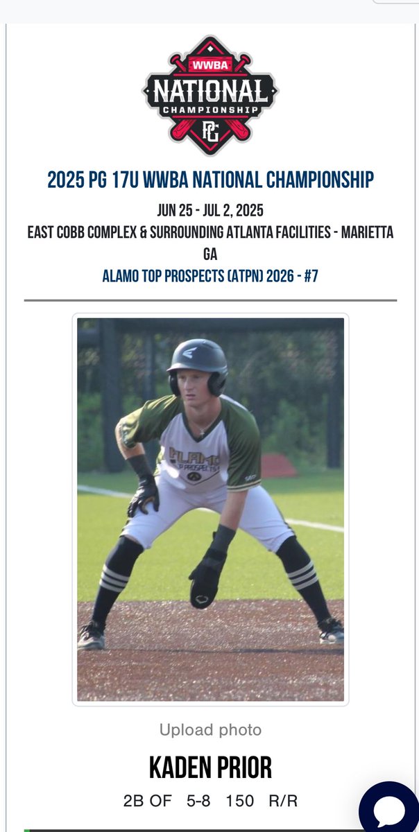kaden prior (@kadenprior) on Twitter photo Numbers from PG are in from the past week!
WWBA National Tournament – Georgia
PG Official Stats – 6 Games
Batting Leadoff
Hits: 6 for 13
Batting Average: .462
On-Base Percentage (OBP): .563
On-Base + Slugging (OPS): 1.024
Walks: 3
RBI: 2
SB: 2
<a href="/ATPNational/">Alamo Top Prospects</a>
<a href="/CoachTosch/">Mick Tosch</a> Numbers from PG are in from the past week!
WWBA National Tournament – Georgia
PG Official Stats – 6 Games
Batting Leadoff
Hits: 6 for 13
Batting Average: .462
On-Base Percentage (OBP): .563
On-Base + Slugging (OPS): 1.024
Walks: 3
RBI: 2
SB: 2
<a href="/ATPNational/">Alamo Top Prospects</a>
<a href="/CoachTosch/">Mick Tosch</a>