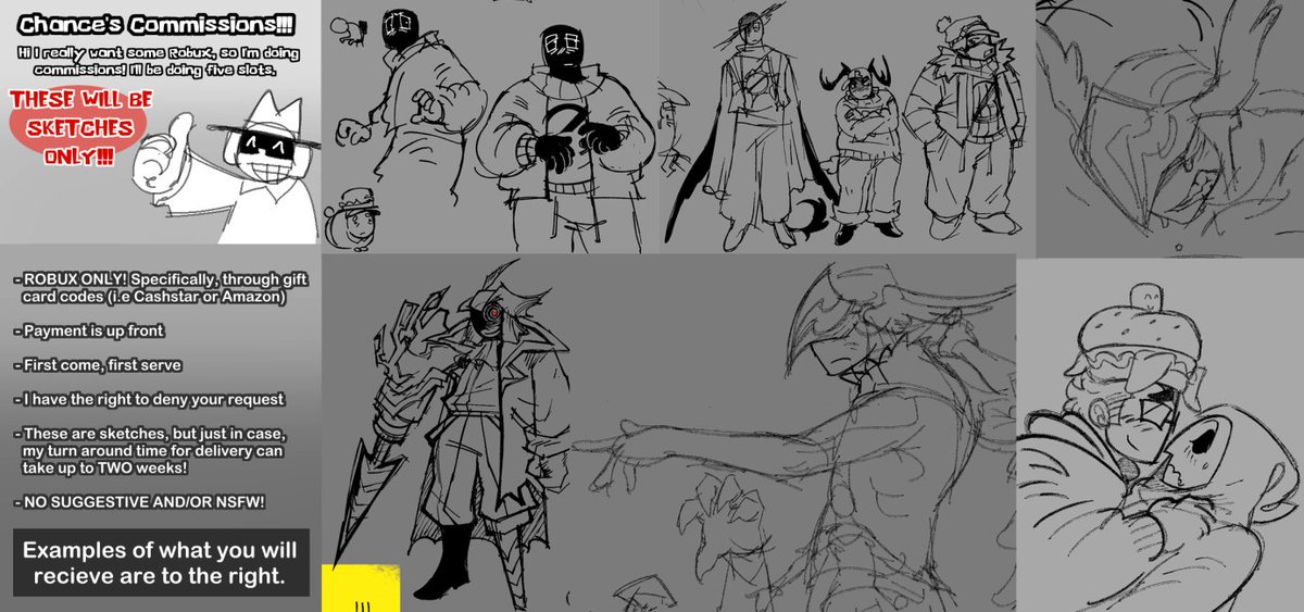 RBLX_HQ's tweet image. opening c*mmissions again! same pricing (10 dollars) but I&apos;m also willing to do a sketch page for 20 dollars in robux giftcards! I&apos;m opening 5 slots again! first come, first serve!
