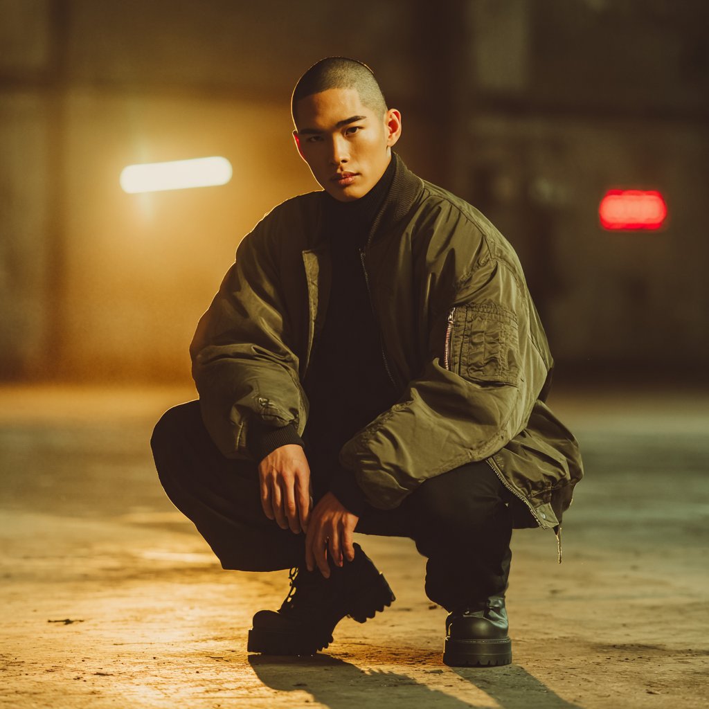 jasonbaptiste's tweet photo. Prompt idea for an AI fashion editorial:

‘East Asian male model with warm olive skin, undercut hairstyle, wearing oversized olive-green bomber jacket over black turtleneck, slim black trousers, chunky boots. Industrial warehouse setting with moody cinematic lighting, scattered neon signs, soft lens flare.’

Swap details to match your brand.

#AIArt #midjourneyv7