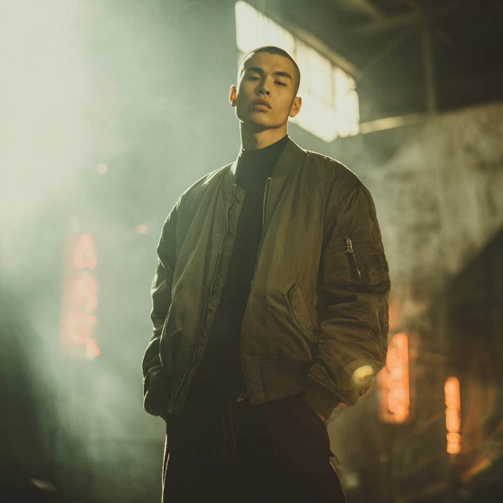 jasonbaptiste's tweet photo. Prompt idea for an AI fashion editorial:

‘East Asian male model with warm olive skin, undercut hairstyle, wearing oversized olive-green bomber jacket over black turtleneck, slim black trousers, chunky boots. Industrial warehouse setting with moody cinematic lighting, scattered neon signs, soft lens flare.’

Swap details to match your brand.

#AIArt #midjourneyv7