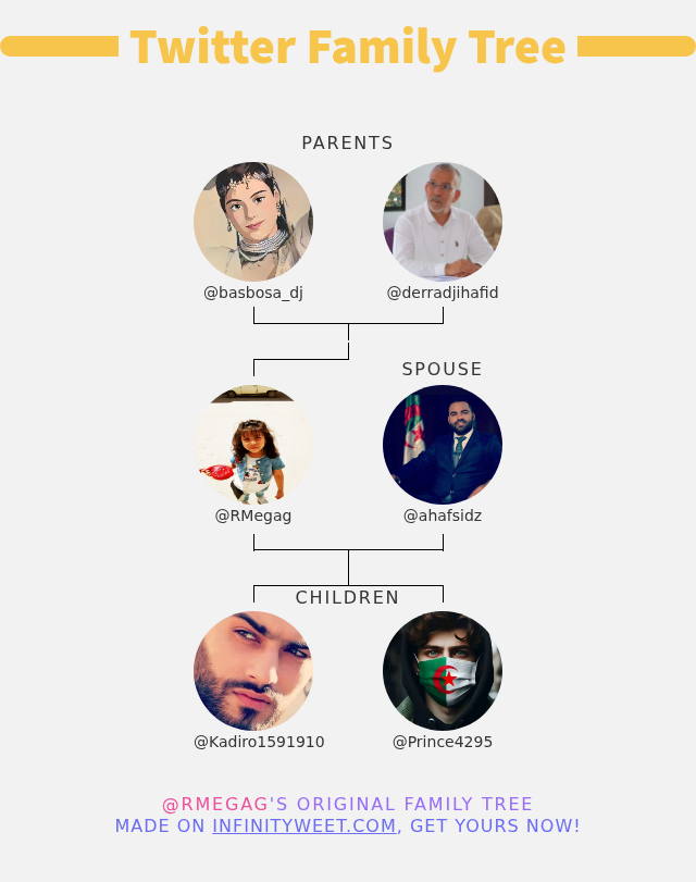RMegag's tweet photo. 👨‍👩‍👧‍👦 My Twitter Family:
👫 Parents: @basbosa_dj @derradjihafid
👰 Spouse: @ahafsidz
👶 Children: @Kadiro1591910 @Prince4295

➡️ https://t.co/lH6Hk8wfaE https://t.co/2ZcpX2lI1w