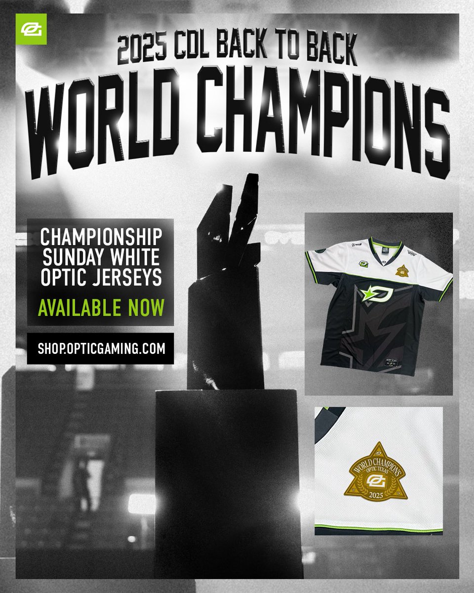 B2B CHAMPIONSHIP WHITE JERSEY 🏆🏆

Featuring our ‘25 Gold Championship Patch 🔥

LIVE: OpTic.link/B2B