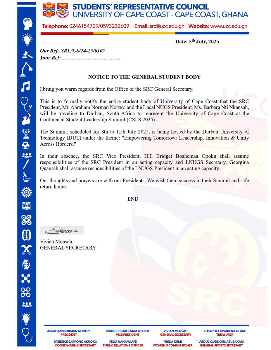 UCC SRC (@src_ucc) on Twitter photo The SRC PRESIDENT <a href="/AbrahamNNorman/">πππ«ππ‘ππ¦ ππ¨π«π¦ππ§ ππ¨π«πππ²</a> & L/NUGS PRESIDENT <a href="/nti_barbara/">Barbara Nti</a> have both traveled to South Africa to represent UCC at the CSLS 25β
In their absence,the Vice President shall be the acting president, and the L/NUGS Secretary shall be the acting L/NUGS President.
Best Wishes!π The SRC PRESIDENT <a href="/AbrahamNNorman/">πππ«ππ‘ππ¦ ππ¨π«π¦ππ§ ππ¨π«πππ²</a> & L/NUGS PRESIDENT <a href="/nti_barbara/">Barbara Nti</a> have both traveled to South Africa to represent UCC at the CSLS 25β
In their absence,the Vice President shall be the acting president, and the L/NUGS Secretary shall be the acting L/NUGS President.
Best Wishes!π